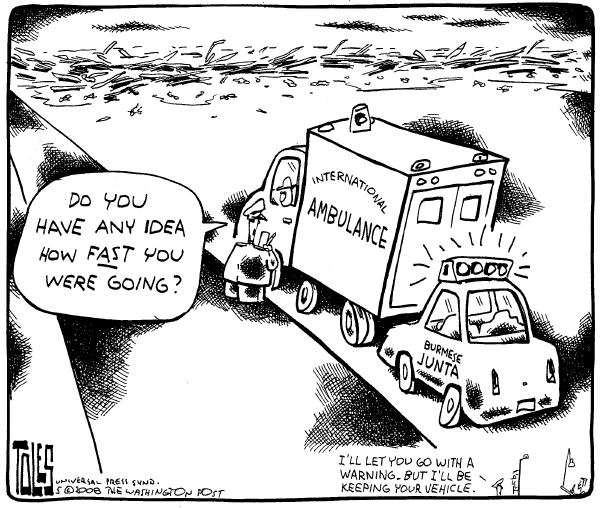 Editorial Cartoon by Tom Toles, Washington Post on Cyclone Relief Slow