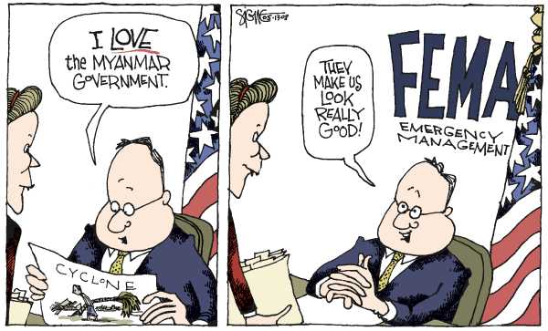 Editorial Cartoon by Signe Wilkinson, Philadelphia Daily News on Cyclone Relief Slow