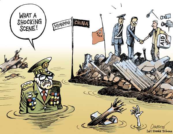 Editorial Cartoon by Patrick Chappatte, International Herald Tribune on Relief Slow in Myanmar