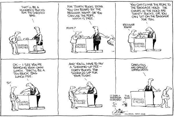 Editorial Cartoon by Pat Oliphant, Universal Press Syndicate on American Airlines Begins New Charge