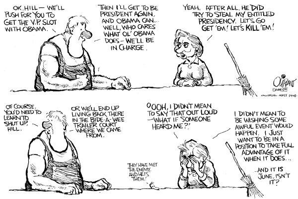 Editorial Cartoon by Pat Oliphant, Universal Press Syndicate on Clinton Invokes RFK Assassination