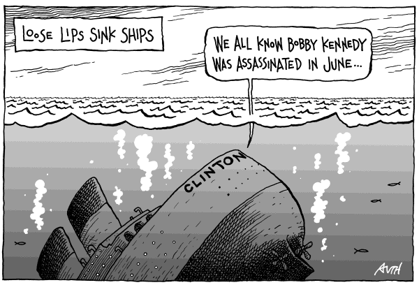 Editorial Cartoon by Tony Auth, Philadelphia Inquirer on Clinton Invokes RFK Assassination