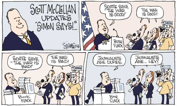 Editorial Cartoon by Signe Wilkinson, Philadelphia Daily News on Ex Press Secretary Rips Adminstration