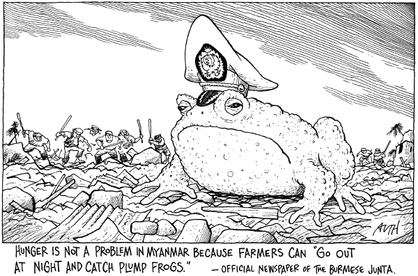 Editorial Cartoon by Tony Auth, Philadelphia Inquirer on Mynamar Relief Suspended