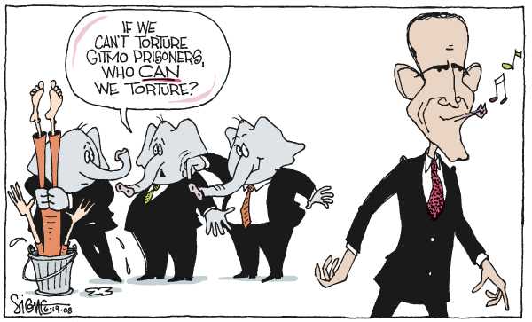 Editorial Cartoon by Signe Wilkinson, Philadelphia Daily News on Supreme Court Rebukes Bush on Torture