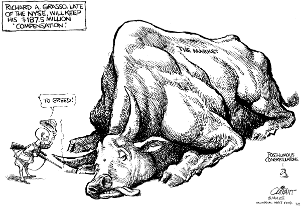 Editorial Cartoon by Pat Oliphant, Universal Press Syndicate on Economy Makes a Move
