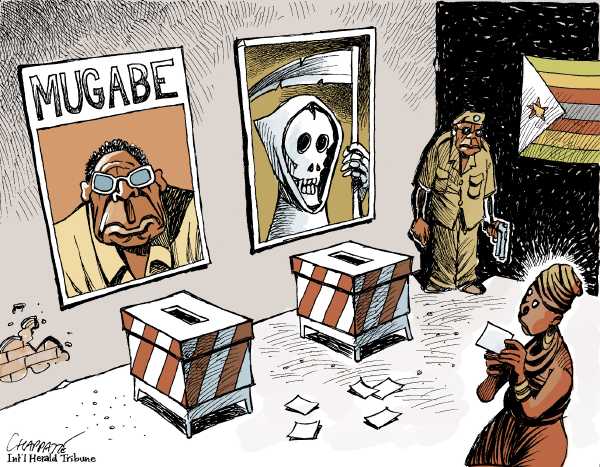 Editorial Cartoon by Patrick Chappatte, International Herald Tribune on Mugabe Reflects on Victory