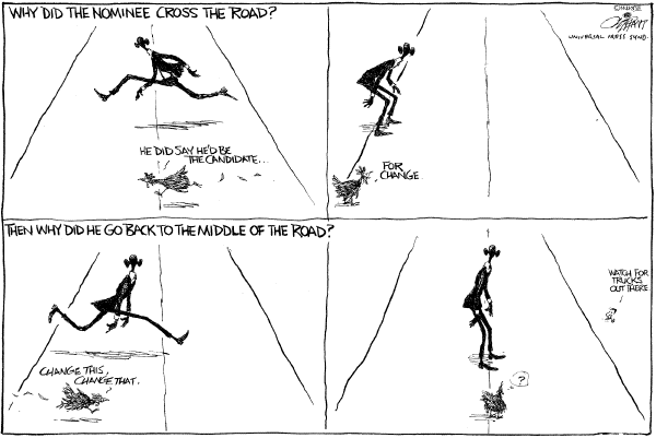 Editorial Cartoon by Pat Oliphant, Universal Press Syndicate on Obama Takes a Turn