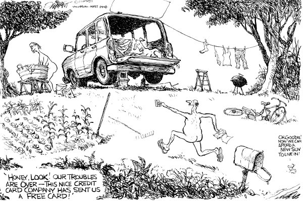 Editorial Cartoon by Pat Oliphant, Universal Press Syndicate on Americans Drowning in Debt