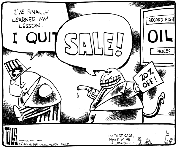 Editorial Cartoon by Tom Toles, Washington Post on Gas Prices Fall
