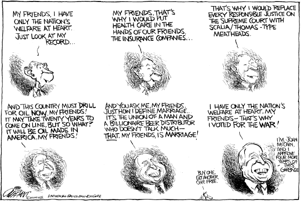 Editorial Cartoon by Pat Oliphant, Universal Press Syndicate on McCain Closes In on Obama