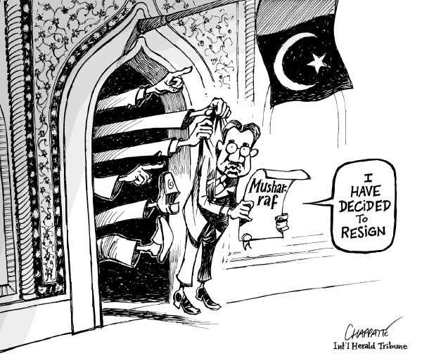 Editorial Cartoon by Patrick Chappatte, International Herald Tribune on Pakistan Leader Musharraf Resigns