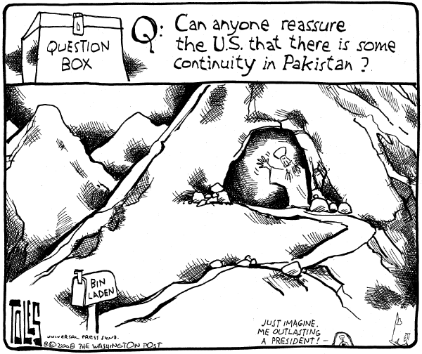Editorial Cartoon by Tom Toles, Washington Post on Pakistan Leader Musharraf Resigns