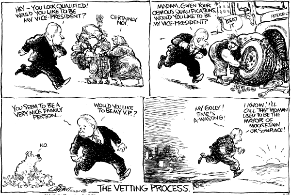 Editorial Cartoon by Pat Oliphant, Universal Press Syndicate on McCain Selects Sarah Palin for VP