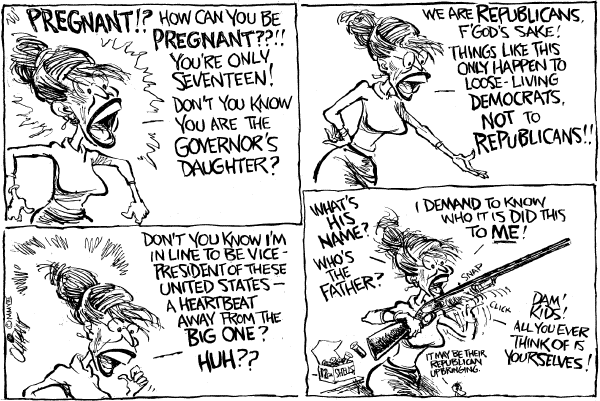 Editorial Cartoon by Pat Oliphant, Universal Press Syndicate on McCain Selects Sarah Palin for VP