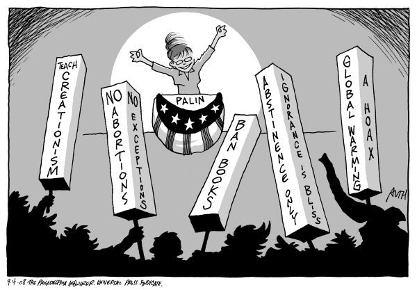Editorial Cartoon by Tony Auth, Philadelphia Inquirer on McCain Selects Sarah Palin for VP