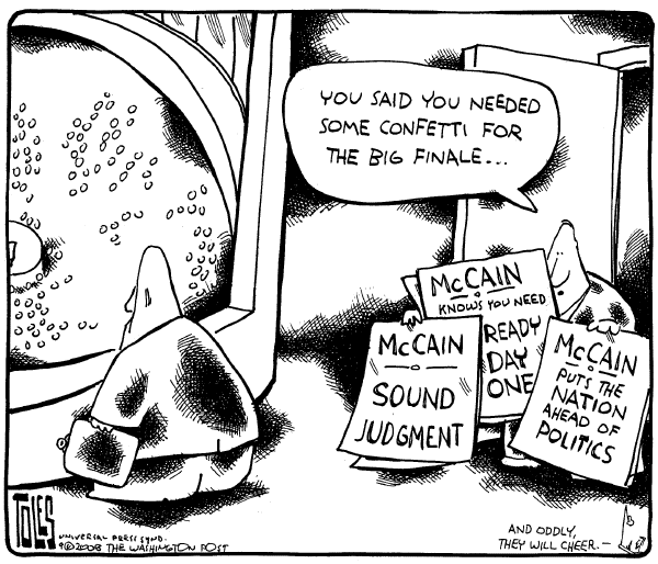 Editorial Cartoon by Tom Toles, Washington Post on McCain Selects Sarah Palin for VP