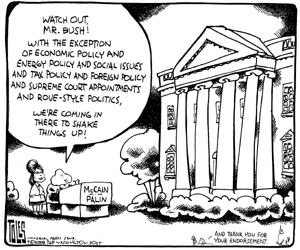 Editorial Cartoon by Tom Toles, Washington Post on McCain Launches New Campaign Theme