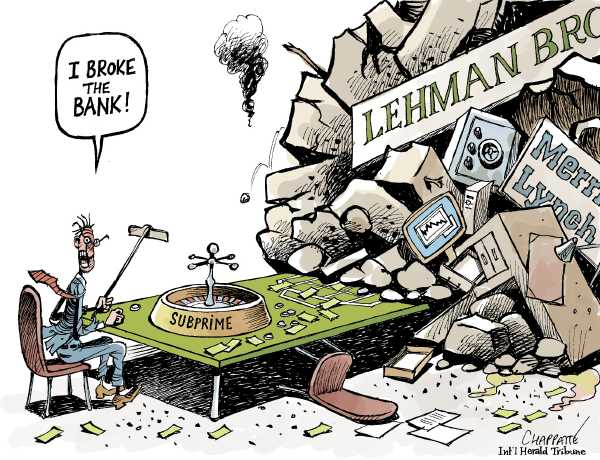 Editorial Cartoon by Patrick Chappatte, International Herald Tribune on Banks Fail, DOW Plunges 900 Points