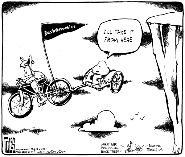 Editorial Cartoon by Tom Toles, Washington Post on Banks Fail, DOW Plunges 900 Points
