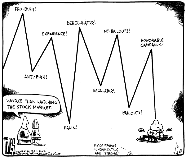 Editorial Cartoon by Tom Toles, Washington Post on McCain Suspends Campaign