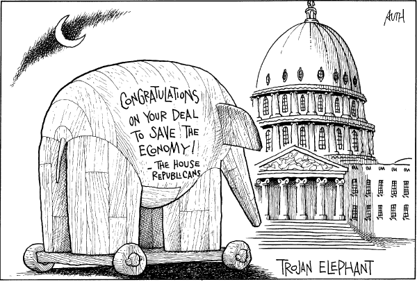 Editorial Cartoon by Tony Auth, Philadelphia Inquirer on Bailout Plan Still Imminent