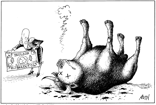 Editorial Cartoon by Tony Auth, Philadelphia Inquirer on Bailout Approved, Stocks Crash
