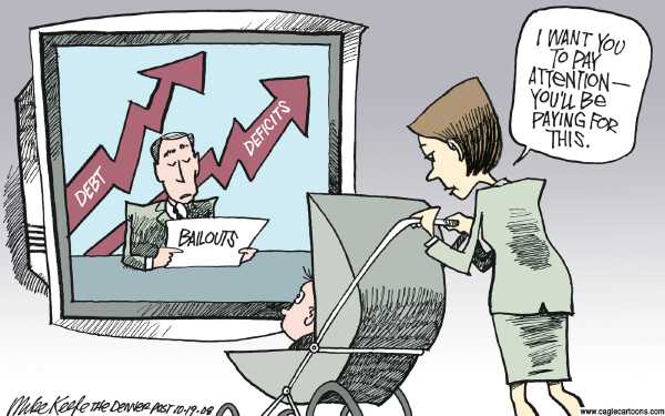 Editorial Cartoon by Mike Keefe, Denver Post on Bailouts Fail to Stop Market Plunge