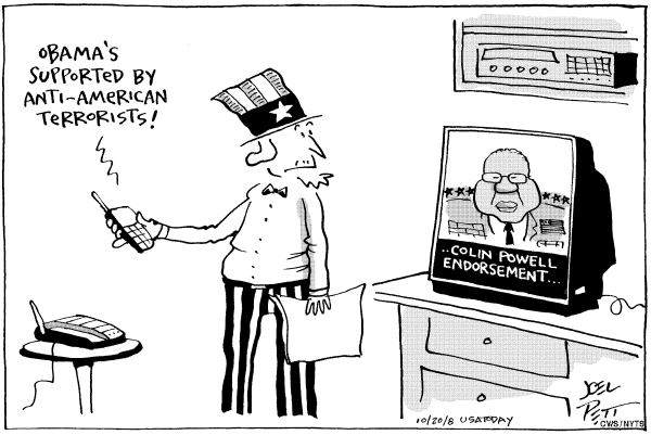 Editorial Cartoon by Joel Pett, Lexington Herald-Leader, CWS/CartoonArts Intl. on Colin Powell Endorses Obama