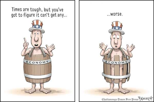 Editorial Cartoon by Clay Bennett, Chattanooga Times Free Press on US Economy Stablizing