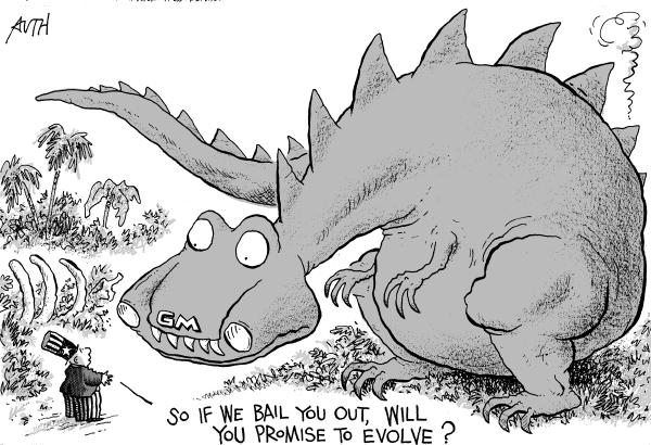 Editorial Cartoon by Tony Auth, Philadelphia Inquirer on US Car Companies Look Ahead