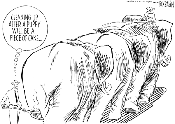 Editorial Cartoon by Rex Babin, Sacramento Bee on Obama Begins Difficult Task