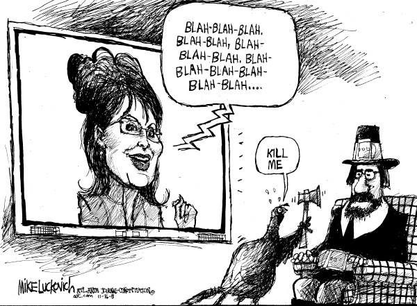Editorial Cartoon by Mike Luckovich, Atlanta Journal-Constitution on Palin Returns to Alaska
