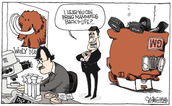 Political/Editorial Cartoon by Signe Wilkinson, Philadelphia Daily News on Auto Industry Bailout Likely