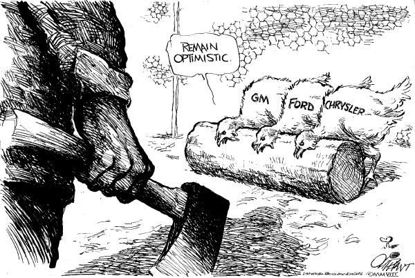 Political/Editorial Cartoon by Pat Oliphant, Universal Press Syndicate on Auto Industry Bailout Likely