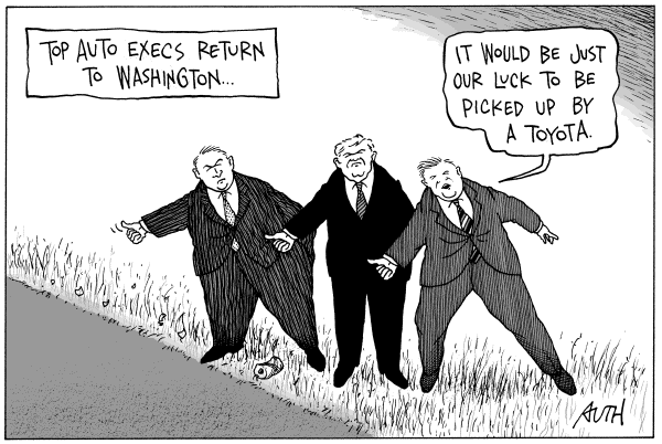 Political/Editorial Cartoon by Tony Auth, Philadelphia Inquirer on US Auto Makers Make Pitch