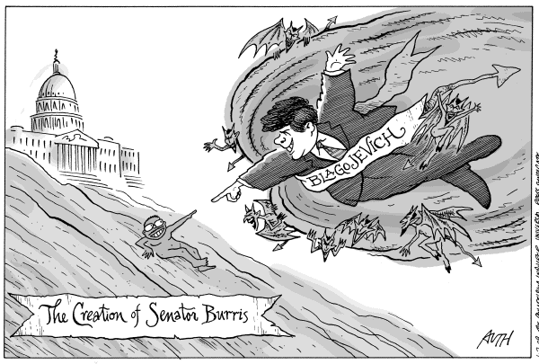 Political/Editorial Cartoon by Tony Auth, Philadelphia Inquirer on Blagojevich Appoints Burris