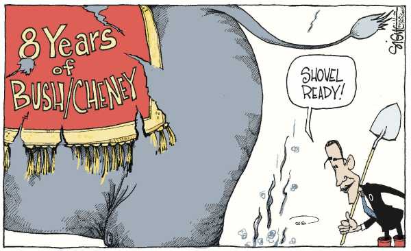 Political/Editorial Cartoon by Signe Wilkinson, Philadelphia Daily News on Obama Prepares to Assume Office