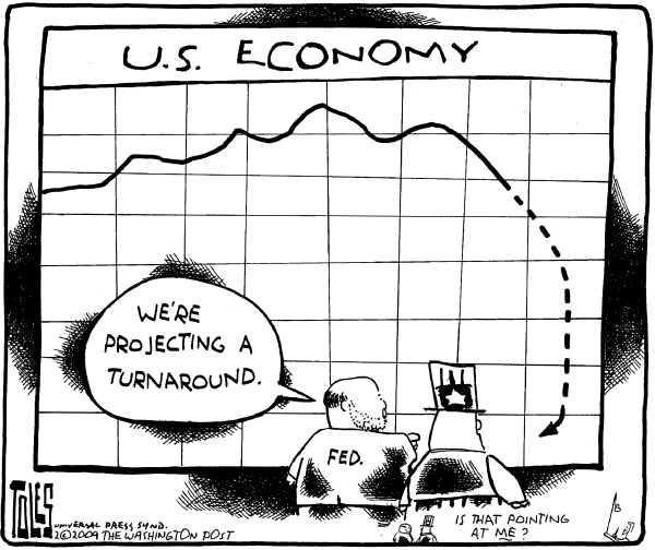 Political/Editorial Cartoon by Tom Toles, Washington Post on Fed Chairman Optimistic