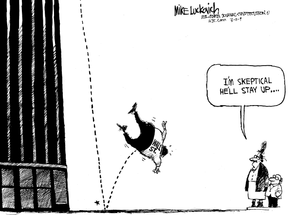 Political/Editorial Cartoon by Mike Luckovich, Atlanta Journal-Constitution on Economic System Near Collapse