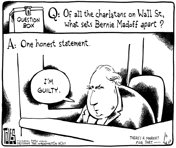 Political/Editorial Cartoon by Tom Toles, Washington Post on Madoff Plea Shocks Nation