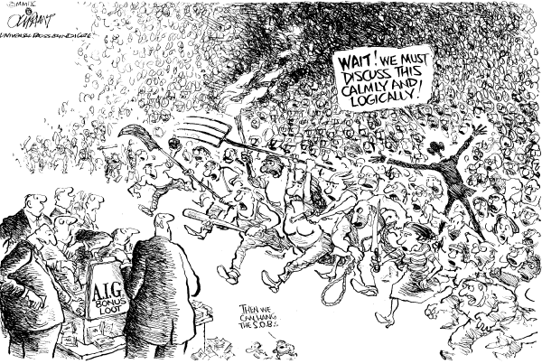 Political/Editorial Cartoon by Pat Oliphant, Universal Press Syndicate on Mixed Response to Bailout Plan