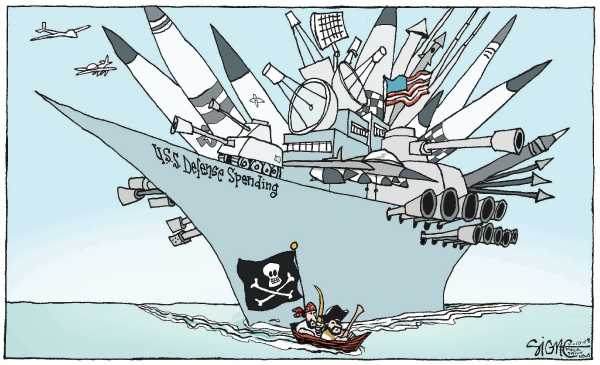 Political/Editorial Cartoon by Signe Wilkinson, Philadelphia Daily News on US Increases Military Budget