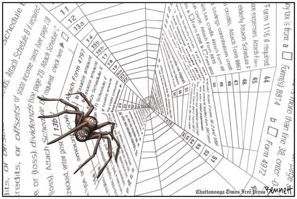 Political/Editorial Cartoon by Clay Bennett, Chattanooga Times Free Press on Tax Deadline Arrives