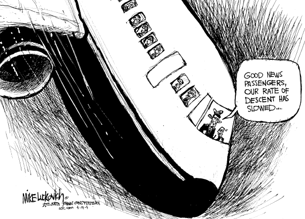 Political/Editorial Cartoon by Mike Luckovich, Atlanta Journal-Constitution on Economy Improving, President Says