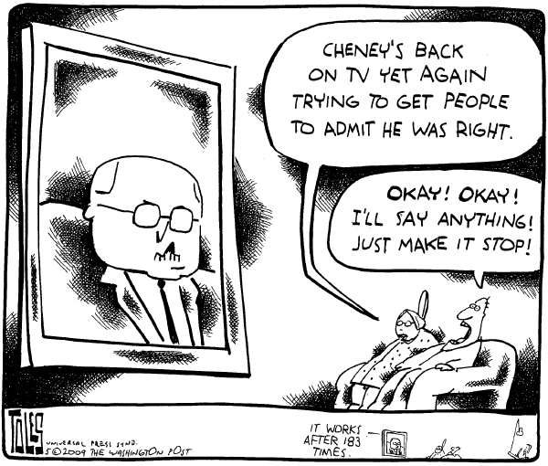 Political/Editorial Cartoon by Tom Toles, Washington Post on Cheney Defends Torture Policy
