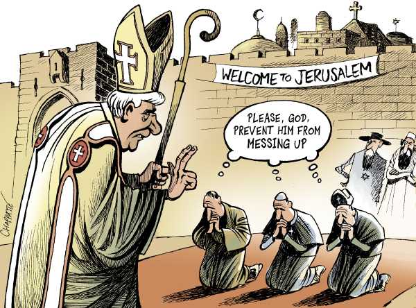 Political/Editorial Cartoon by Patrick Chappatte, International Herald Tribune on Pope Visits Holy Land