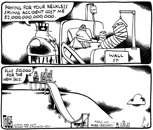 Political/Editorial Cartoon by Tom Toles, Washington Post on Government Reacts to Credit Crisis