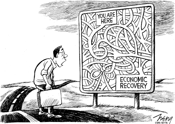 Political/Editorial Cartoon by Heng Kim Song, Lianhe Zaobao, Singapore on Economy Making Progress