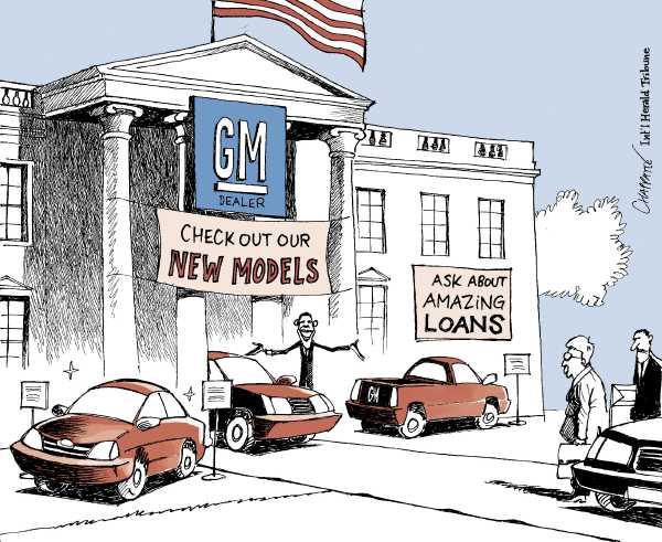 Political/Editorial Cartoon by Patrick Chappatte, International Herald Tribune on GM Files for Bankruptcy